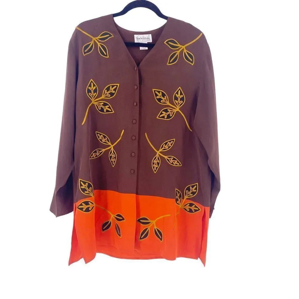 Diane Von Furstenberg vintage silk tunic blouse size m embroidered art Fall